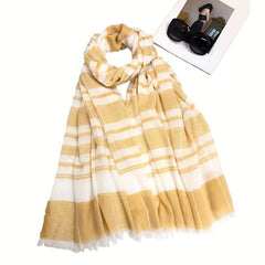 Striped Scarf Boho Double Shawl Frayed Edge Thin Breathable Head Wrap