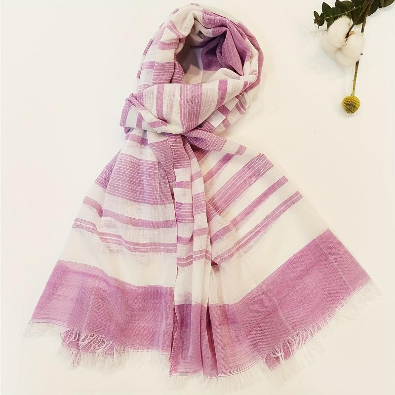 Striped Scarf Boho Double Shawl Frayed Edge Thin Breathable Head Wrap