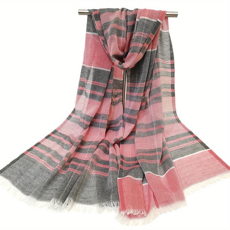 Striped Scarf Boho Double Shawl Frayed Edge Thin Breathable Head Wrap