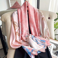 Golden Flower Print Satin Scarf Sunscreen Shawl Beach Head Wrap