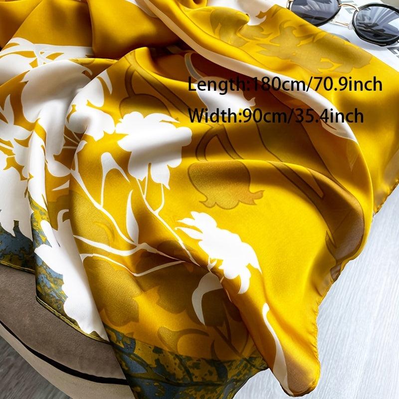 Golden Flower Print Satin Scarf Sunscreen Shawl Beach Head Wrap