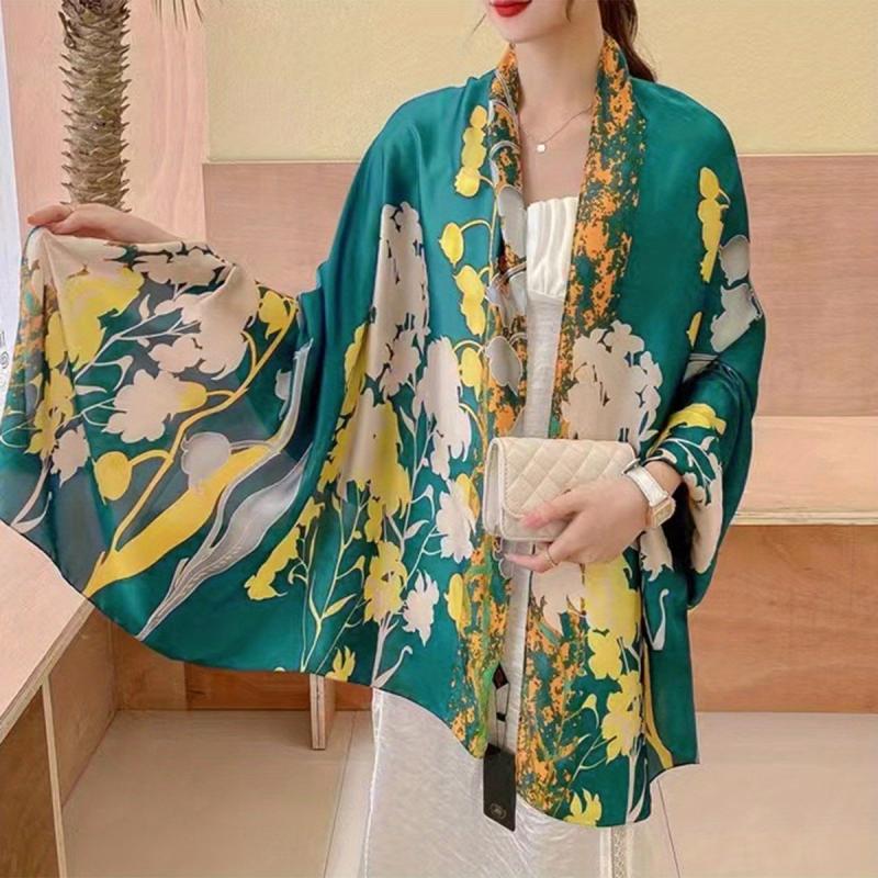 Golden Flower Print Satin Scarf Sunscreen Shawl Beach Head Wrap