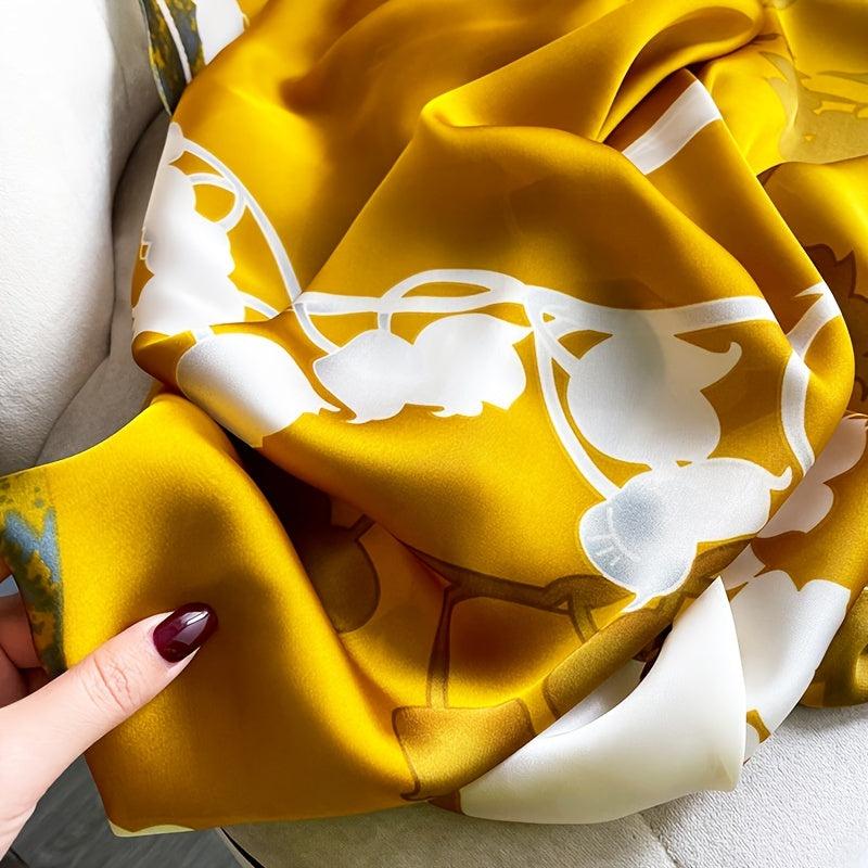 Golden Flower Print Satin Scarf Sunscreen Shawl Beach Head Wrap