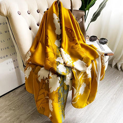Golden Flower Print Satin Scarf Sunscreen Shawl Beach Head Wrap