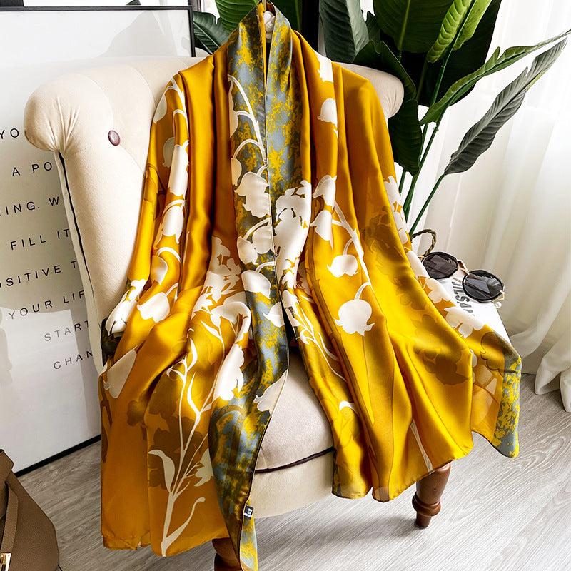 Golden Flower Print Satin Scarf Sunscreen Shawl Beach Head Wrap