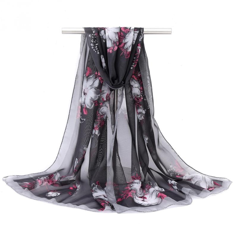 Vintage Flower Print Chiffon Scarf Thin Breathable Silk Head Wrap