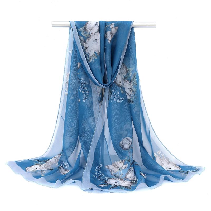 Vintage Flower Print Chiffon Scarf Thin Breathable Silk Head Wrap