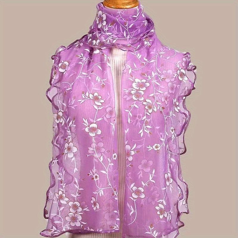 Ruffles Flower Embroidery Scarf Gauze Shawl for Spring & Summer
