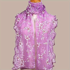 Ruffles Flower Embroidery Scarf Gauze Shawl for Spring & Summer