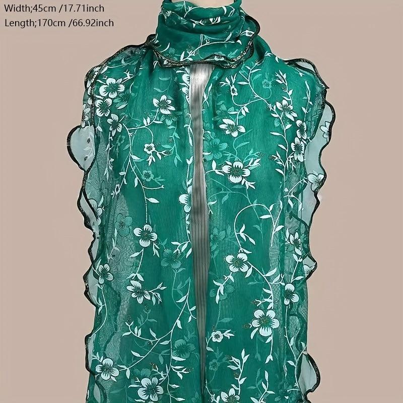 Ruffles Flower Embroidery Scarf Gauze Shawl for Spring & Summer