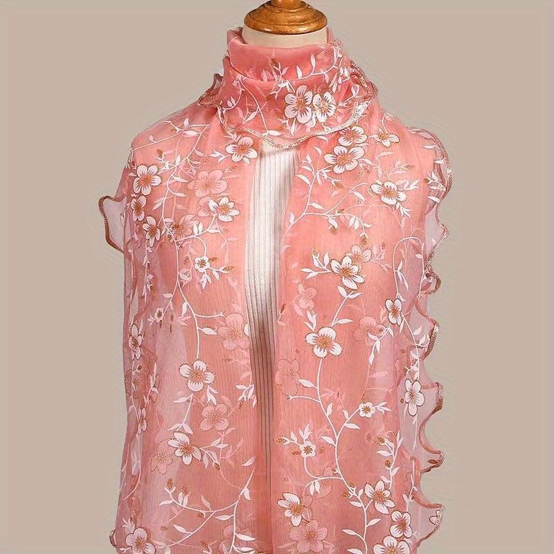 Ruffles Flower Embroidery Scarf Gauze Shawl for Spring & Summer