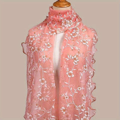 Ruffles Flower Embroidery Scarf Gauze Shawl for Spring & Summer