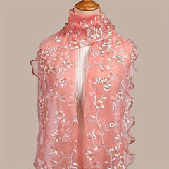 Ruffles Flower Embroidery Scarf Gauze Shawl for Spring & Summer