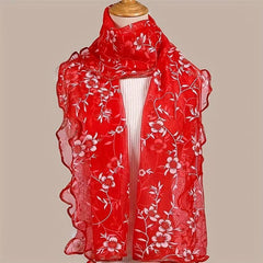 Ruffles Flower Embroidery Scarf Gauze Shawl for Spring & Summer
