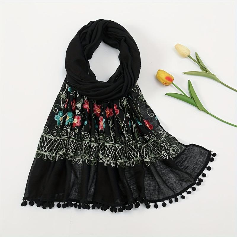 Vintage Flower Embroidery Scarf Boho Tassel Shawl Classic Head Wraps Women Hijab