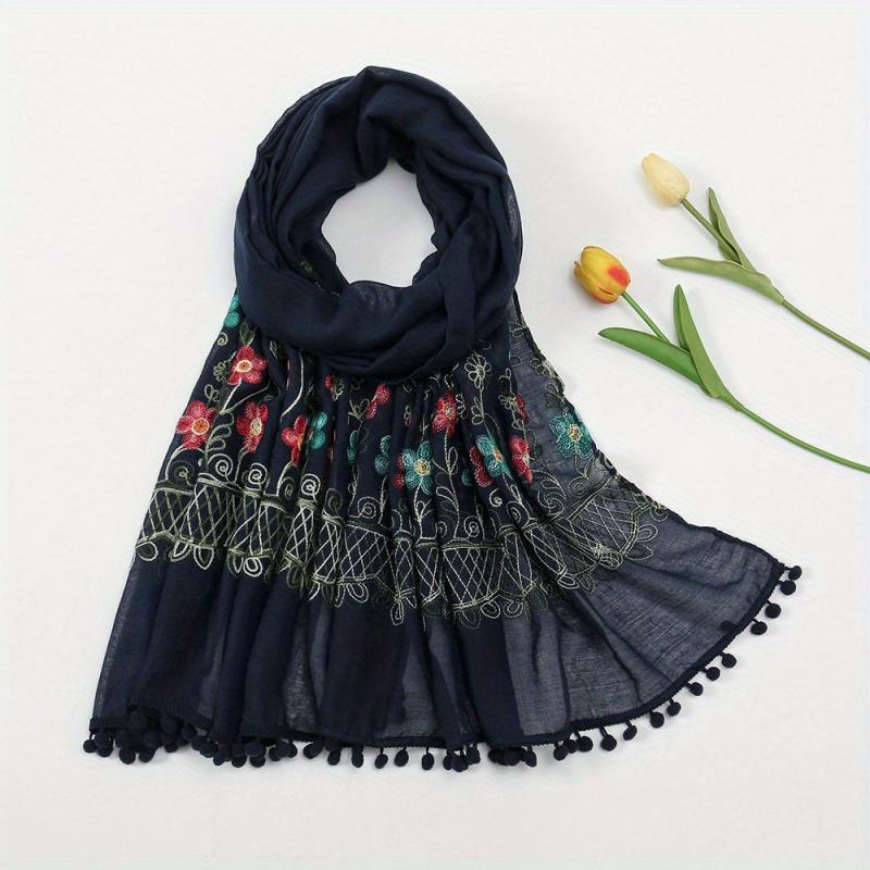 Vintage Flower Embroidery Scarf Boho Tassel Shawl Classic Head Wraps Women Hijab