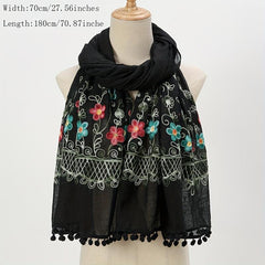 Vintage Flower Embroidery Scarf Boho Tassel Shawl Classic Head Wraps Women Hijab