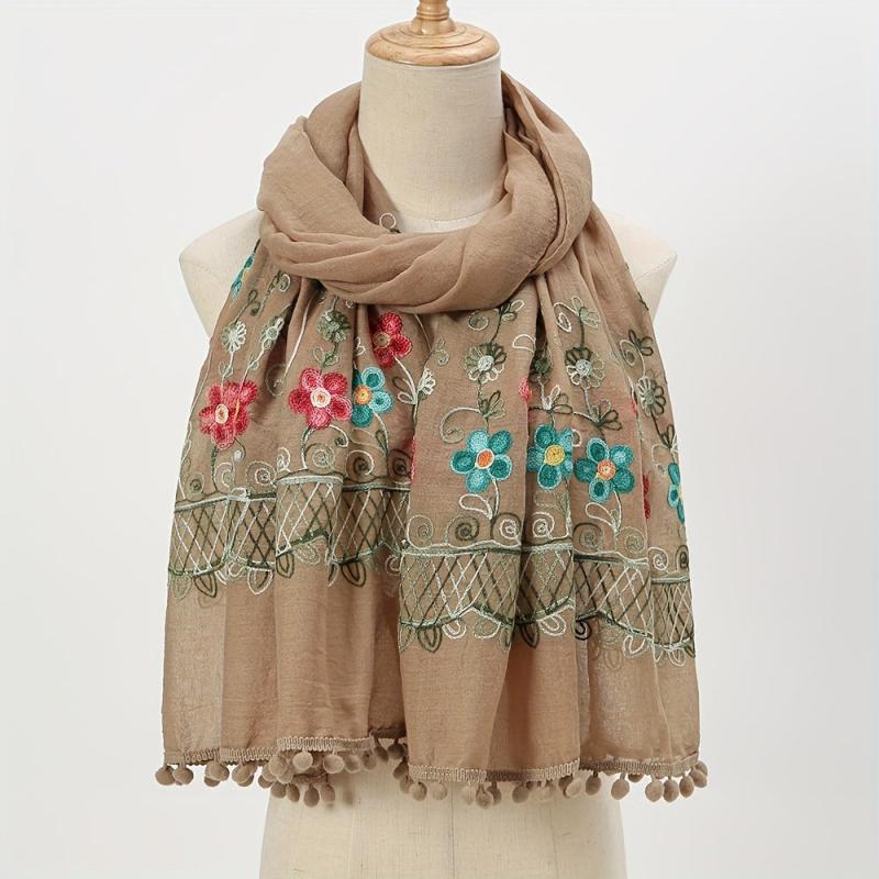 Vintage Flower Embroidery Scarf Boho Tassel Shawl Classic Head Wraps Women Hijab