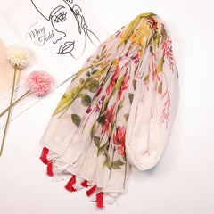 Floral Fringe Trim Scarf Shawl Wrap Head Wrap for Daily Decoration