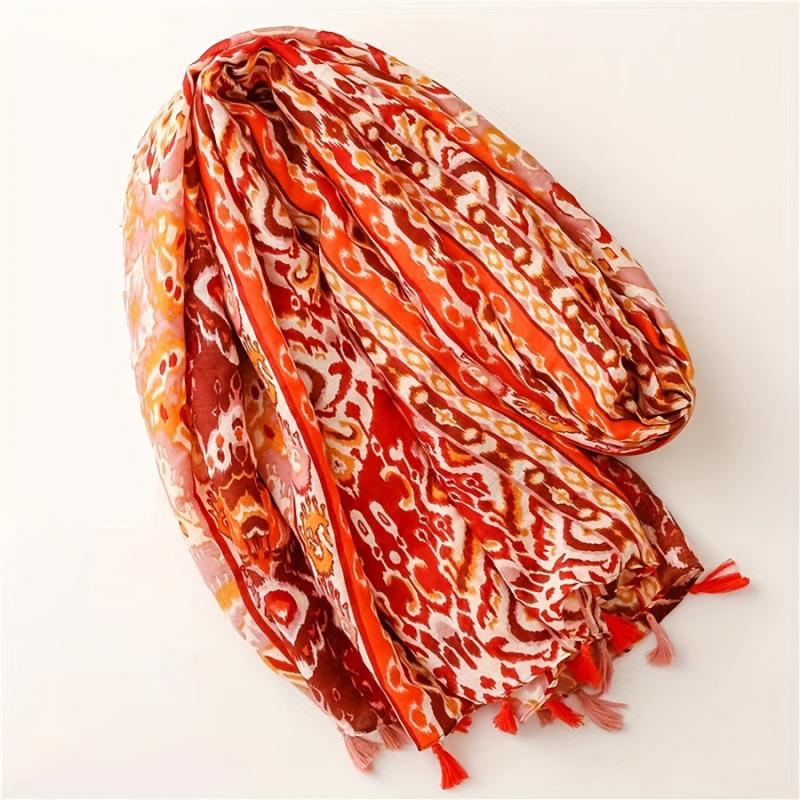 Orange Tie Dye Print Scarf Boho Tassel Shawl Casual Hijab Windproof Head Wrap