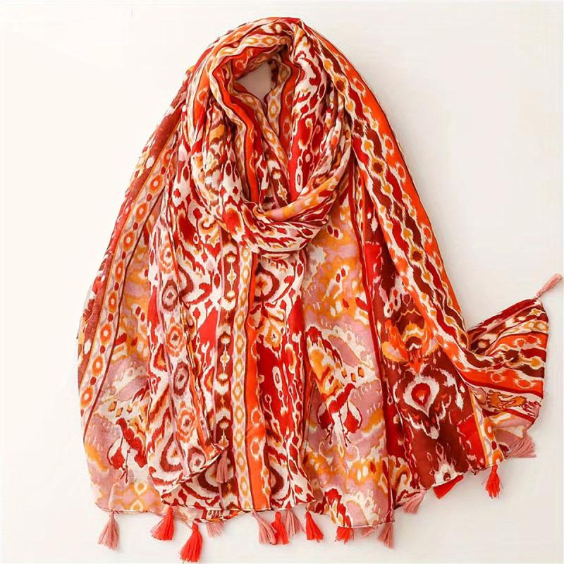 Orange Tie Dye Print Scarf Boho Tassel Shawl Casual Hijab Windproof Head Wrap