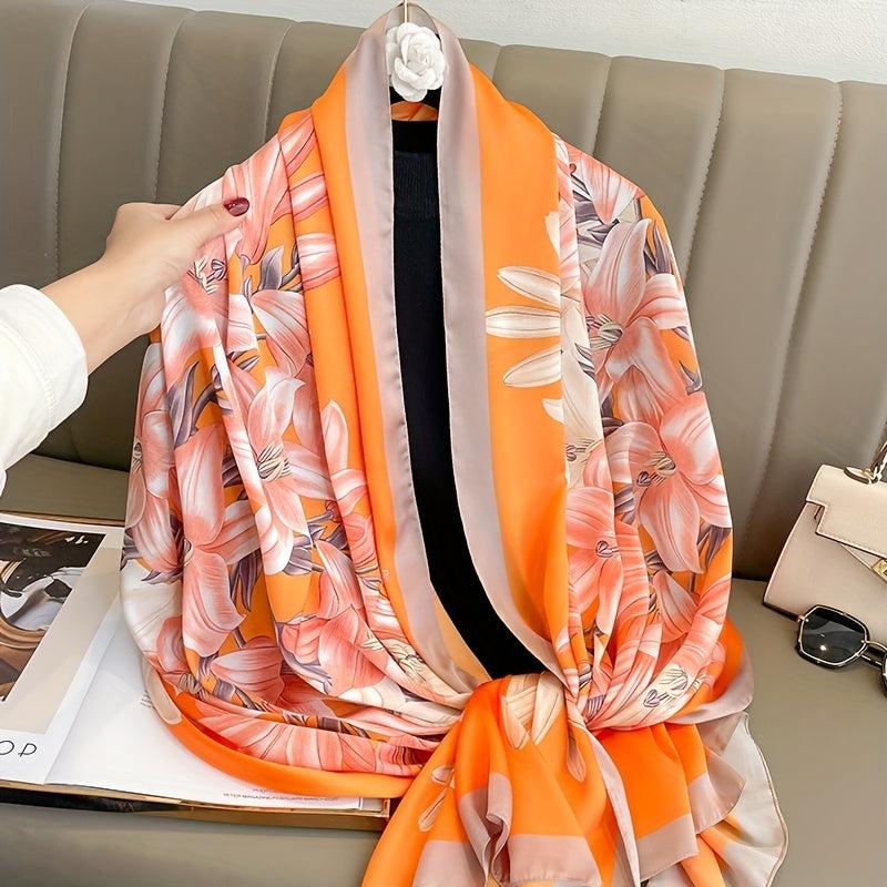 Lily Print Satin Scarf Vintage Style Classic Warm Shawl