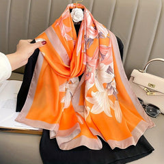 Lily Print Satin Scarf Vintage Style Classic Warm Shawl
