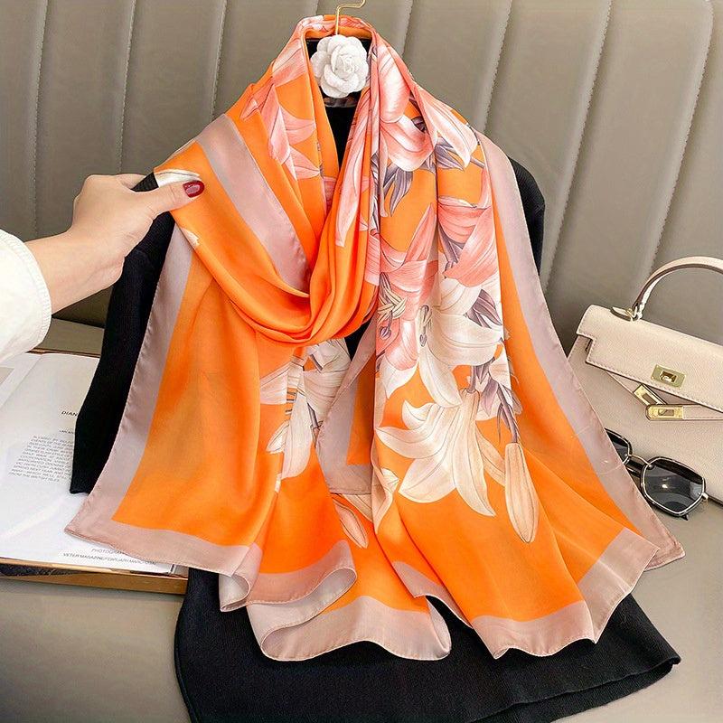 Lily Print Satin Scarf Vintage Style Classic Warm Shawl
