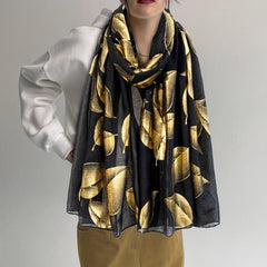 Golden Leaf Hot Stamping Scarf Vintage Thin Breathable Shawl