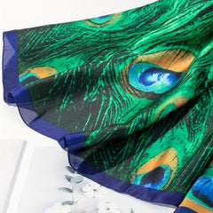 Green Peacock Feather Print Scarf Boho Satin Shawl