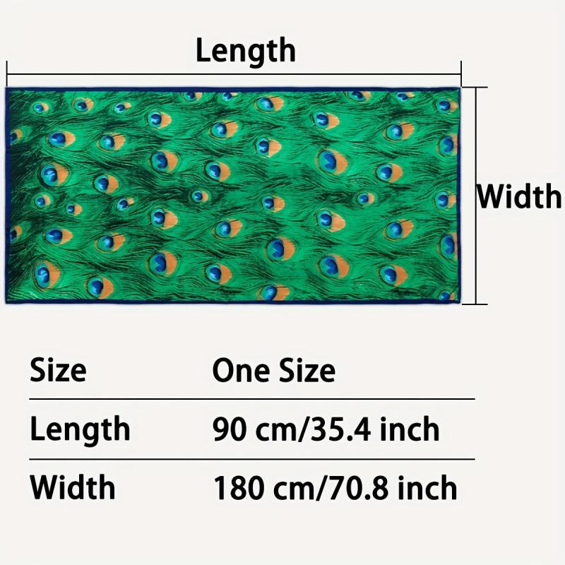 Green Peacock Feather Print Scarf Boho Satin Shawl