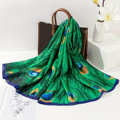 Green Peacock Feather Print Scarf Boho Satin Shawl