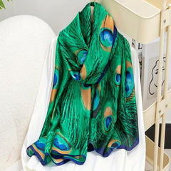 Green Peacock Feather Print Scarf Boho Satin Shawl