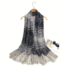 Boho Paisley Print Scarf Vintage Frayed Edge Shawl