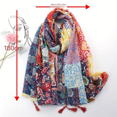 Geometric Flower Print Scarf Vintage Block Tassel Shawl Boho Windproof Head Wrap