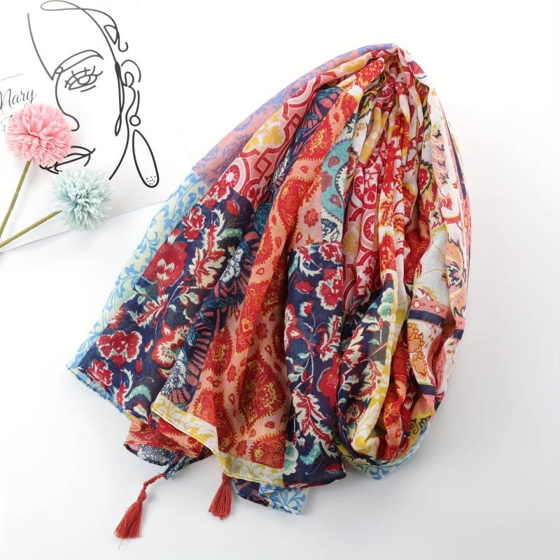 Geometric Flower Print Scarf Vintage Block Tassel Shawl Boho Windproof Head Wrap
