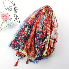 Geometric Flower Print Scarf Vintage Block Tassel Shawl Boho Windproof Head Wrap