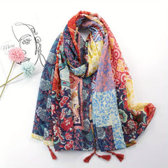 Geometric Flower Print Scarf Vintage Block Tassel Shawl Boho Windproof Head Wrap