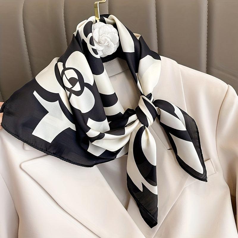 Camellia Print Square Scarf Satin Bandana Casual Shawl