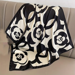Camellia Print Square Scarf Satin Bandana Casual Shawl