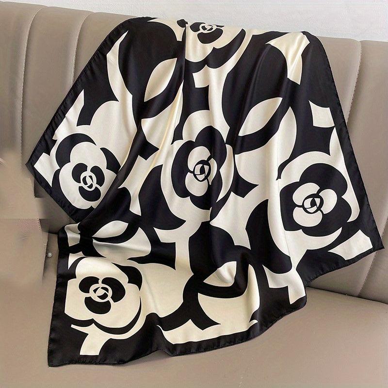 Camellia Print Square Scarf Satin Bandana Casual Shawl