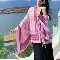 Pink Floral Print Tassel Scarf Large Shawl Windproof Head Wrap