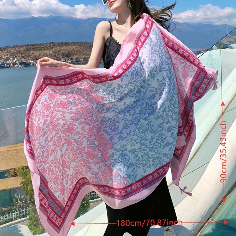 Pink Floral Print Tassel Scarf Large Shawl Windproof Head Wrap