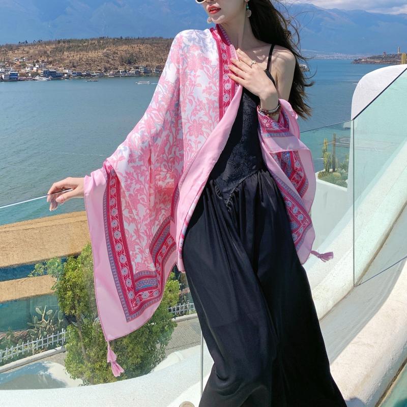 Pink Floral Print Tassel Scarf Large Shawl Windproof Head Wrap