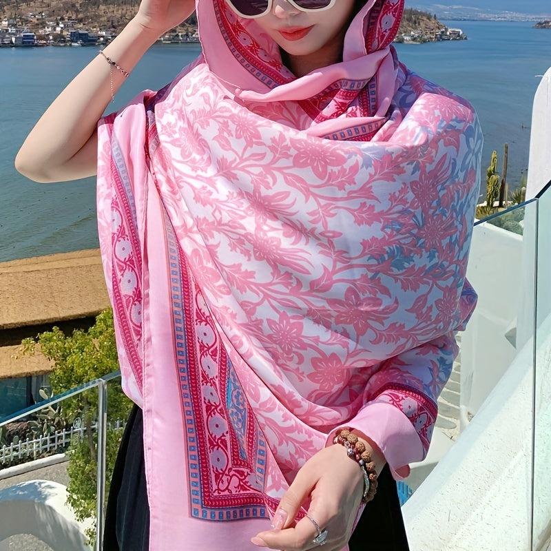 Pink Floral Print Tassel Scarf Large Shawl Windproof Head Wrap