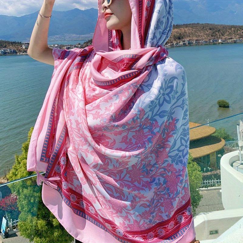 Pink Floral Print Tassel Scarf Large Shawl Windproof Head Wrap