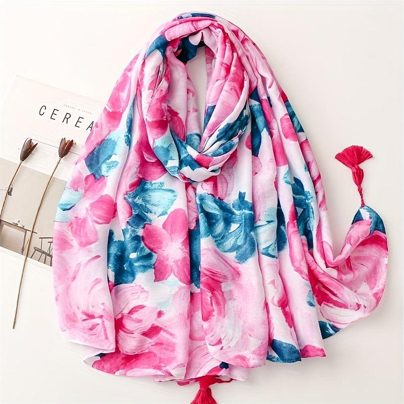 Pink Flower Print Scarf Tassel Shawl Casual Head Wrap Women Sunscreen