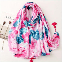 Pink Flower Print Scarf Tassel Shawl Casual Head Wrap Women Sunscreen