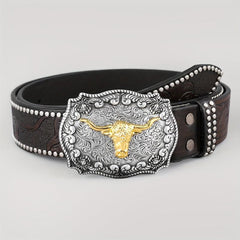 Cattle Head Pattern Western Cowboy Leather Belt