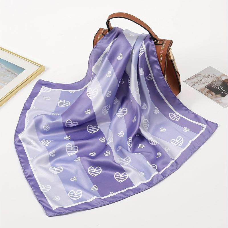 Heart Print Purple Striped Bandana Casual Square Scarf Neckerchief Women
